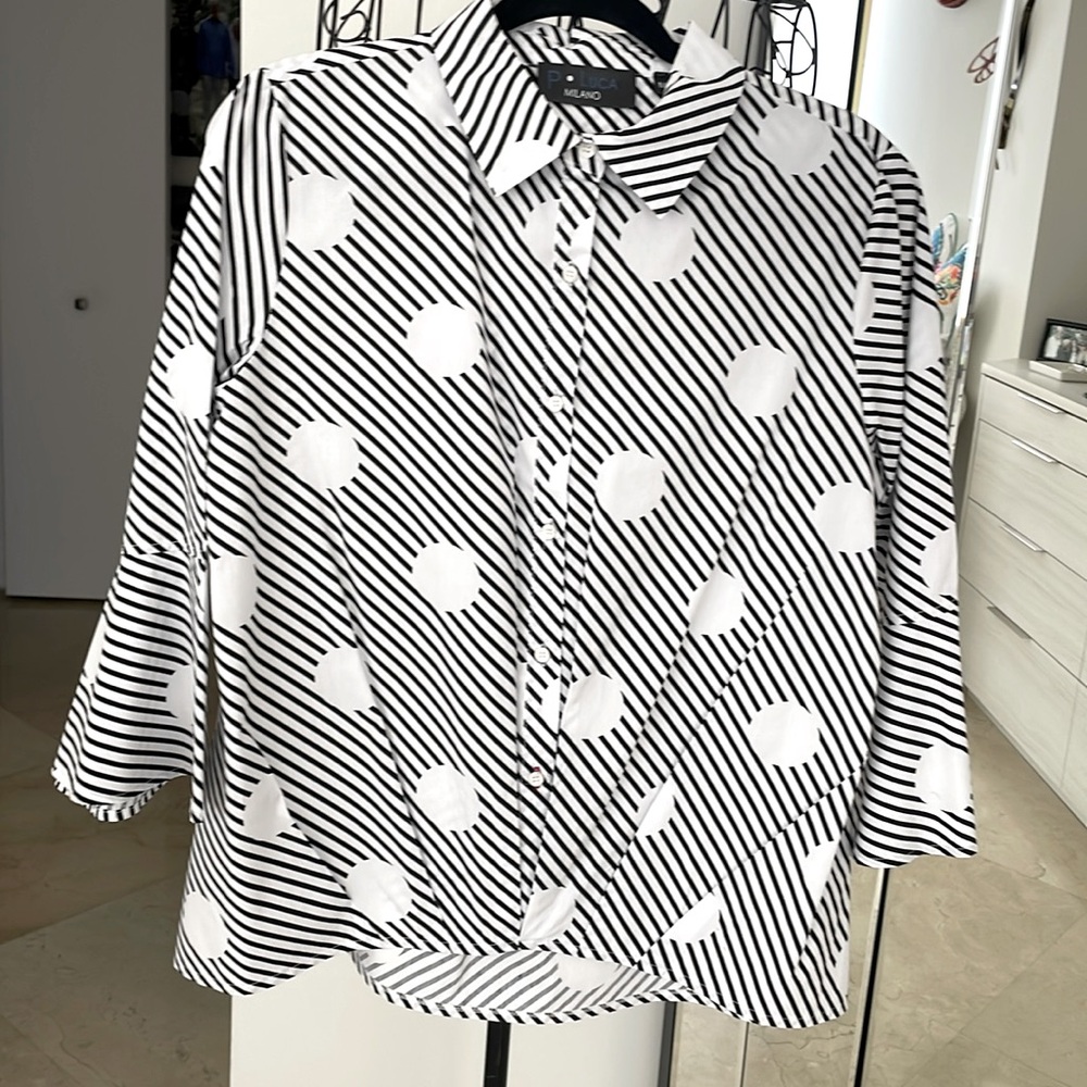 P LUCA MILANO BLACK/WHITE BELL SLEEVE BLOUSE